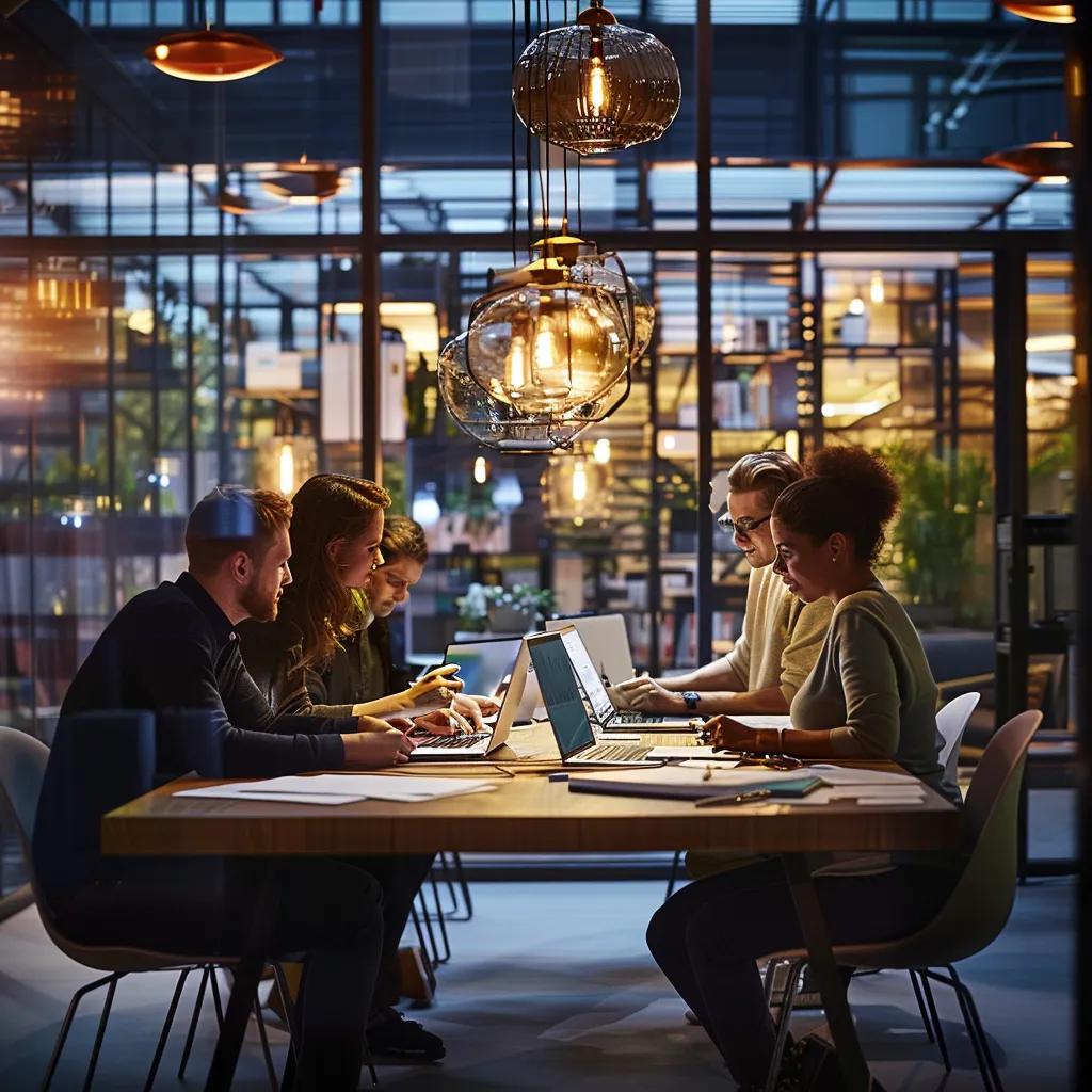 a dynamic office setting showcases a focused team collaborating around a sleek table, brainstorming innovative website design solutions with laptops and digital sketches illuminated by modern overhead lighting.