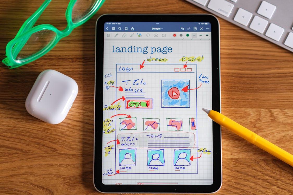 A tablet with components of a landing page.